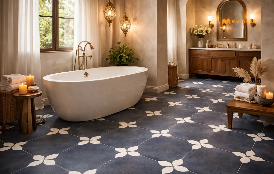 Blue Moroccan Floor Tile in Traditional Bathroom